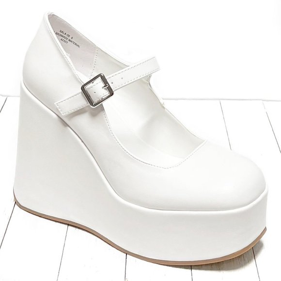 New White Platform Mary Jane Wedge Heel Pumps - Picture 3 of 5